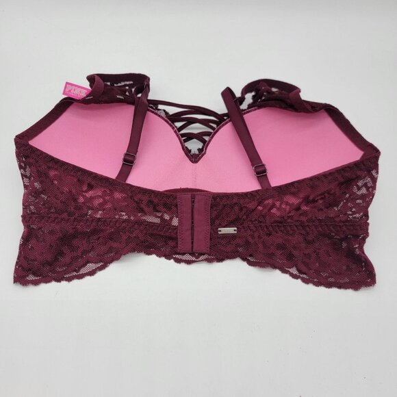 Victoria‎ Secret PINK Bra Maroon Lace Push-up Underwire Padded Cross Back S NWOT - Picture 2 of 9